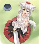  animal_ears bare_shoulders detached_sleeves hat inubashiri_momiji kneeling looking_up open_mouth silver_hair smile solo sword tadokoro_teppei tail tokin_hat touhou weapon wolf_ears wolf_tail yellow_eyes 