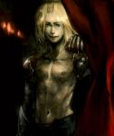  armor bad_id blonde_hair blue_eyes claws creepy curtains gauntlets gloves highres lucy_(artist) male realistic shirtless smile solo sydney_losstarot vagrant_story 
