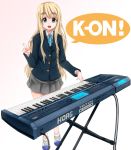  blue_eyes eyebrows instrument k-on! keyboard keyboard_(instrument) kotobuki_tsumugi long_hair scharfschutze school_uniform shoes solo synthesizer uwabaki v very_long_hair 