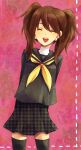  brown_hair closed_eyes kujikawa_rise persona persona_4 school_uniform smile tayako thigh-highs thighhighs twintails 
