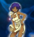  armpits bare_shoulders dark_skin dress earrings fushigi_no_umi_no_nadia green_eyes hand_on_hip head_tilt jewelry lowres nadia naked_apron necklace purple_hair shiki16n short_hair sketch smile wind 