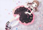  brown_hair child doujima_nanako dress face hair_ribbon highres loli lying on_back persona persona_4 ribbon scan scan_artifacts smile star tearfish twintails 