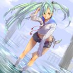  bad_id bent_over chain denim denim_shorts green_hair leaning_forward legs long_hair midriff shorts smile socks twintails uneven_twintails water 