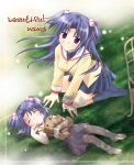  barefoot blazer blue_hair child clannad closed_eyes dress dual_persona feet from_above grass hair_bobbles hair_ornament ichinose_kotomi kneeling long_hair looking_up lying miniskirt multiple_girls on_back outdoors outside pleated_skirt purple_eyes school_uniform skirt sleeping smile socks stuffed_animal stuffed_toy teddy_bear time_paradox toes twintails two_side_up usami_wataru violet_eyes 