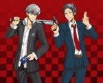  adachi_tohru adachi_tooru bad_id baseball_bat blue_card card glasses gun holding holding_card male narukami_yuu necktie persona persona_4 seta_souji silver_hair weapon yellow_eyes 