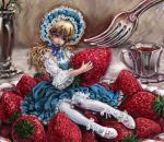  blue_eyes bonnet cup densen_maniya food fork fruit in_food long_hair minigirl sitting strawberry 
