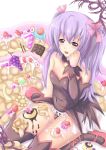  bad_id blue_eyes candy choker cream_puff cream_puffs daakurei detached_sleeves food fruit hanyuu higurashi_no_naku_koro_ni horns long_hair pastry purple_hair ribbon sitting thigh-highs thighhighs twintails 