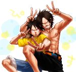  bad_id black_hair brothers double_v freckles grin male monkey_d_luffy one_piece portgas_d_ace scar shirtless siblings smile v 