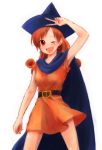  bad_id blush cape dragon_quest dragon_quest_iv dress earrings hat jewelry no_legwear orange_dress red_eyes red_hair redhead saya_(artist) saya_(sayaz) v wink 