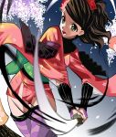  brown_eyes brown_hair cherry_blossoms comb flower gauntlets hair_comb hair_flower hair_ornament japanese_clothes katana kimono momohime oboro_muramasa oboro_muramasa_youtouden ponytail short_kimono striped sword thigh-highs thighhighs weapon 