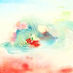  1girl aqua_hair flower hatsune_miku lying nr_(cmnrr) tears twintails vocaloid water 