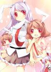  :x animal_ears bad_id brown_hair bunny_ears carrot chibi dual_persona fang frills hand_holding holding_hands inaba_tewi laughing lk_(artist) long_hair miniskirt multiple_girls necktie pleated_skirt purple_hair rabbit_ears red_eyes reisen_udongein_inaba short_hair skirt smile standing touhou 