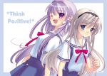  back_to_back blue_eyes clannad fujibayashi_kyou hairband long_hair nekota_chihiro purple_eyes purple_hair sakagami_tomoyo school_uniform silver_hair violet_eyes wink yossy 