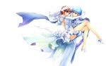  blue_hair breasts bride brown_eyes brown_hair carrying couple detached_sleeves dress elbow_gloves gloves high_heels kaito kawagoe_pochi meiko midriff princess_carry scarf shoes sideboob smile vocaloid wedding_dress 