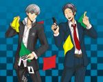  ace adachi_tohru adachi_tooru bad_id baseball_bat card falling_card flag gun holding holding_card izanagi joker male narukami_yuu necktie persona persona_4 playing_card seta_souji silver_hair weapon 