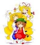  bad_id blonde_hair brown_eyes brown_hair cat_ears cat_tail chen fox_tail gap hat long_hair multi_tail multiple_tails purple_eyes short_hair souka_(souspirit) tail touhou violet_eyes wink yakumo_ran yakumo_yukari yellow_eyes 