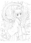  blush dragon japanese_clothes lineart miko monochrome nature original outdoors short_twintails smile tarot tree twintails 
