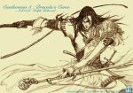  akumajo_dracula castlevania castlevania_iii:_dracula&#039;s_curse castlevania_iii:_dracula's_curse daburoku highres knife konami monochrome polearm ralph_belmondo ralph_c_belmondo sketch sypha_belnades trevor_belmont trevor_c_belmont weapon whip yellow_background 