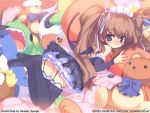  bat_wings blush brown_hair carrot feet maid pia_carrot pia_carrot_e_youkoso!! purple_eyes stuffed_animal stuffed_toy sumaki_shungo teddy_bear thigh-highs thighhighs twintails violet_eyes wings 