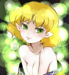  bad_id bare_shoulders blonde_hair breasts cleavage green_eyes lips mizuhashi_parsee off_shoulder pointy_ears short_hair smile touhou 