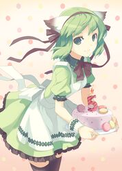  1girl apron birthday cake food green_eyes green_hair greenwood h2so4 hair_ribbon midori_(greenwood) original pastry ribbon thigh-highs thighhighs waitress 