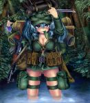  assault_rifle backpack bag blue_eyes blue_hair breasts cirno cleavage cucumber explosive gun hair_bobbles hair_ornament hat kawashiro_nitori machete mine_(weapon) okirakunikku panties panzerfaust rifle striped striped_panties touhou underwear wading water weapon 