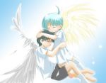  2boys angel_wings black_hair boy closed_eyes green_hair hug wings  