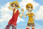  hand_holding holding_hands monkey_d_luffy nami one_piece shorts smile thigh-highs thighhighs tora_kaede 
