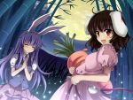  adapted_costume animal_ears bamboo bamboo_forest black_hair bunny_ears bunny_tail carrot closed_eyes eyes_closed fireflies forest full_moon hands_together highres inaba_tewi jewelry light_particles long_hair moon multiple_girls nature open_mouth oversized_object pendant purple_hair red_eyes reisen_udongein_inaba short_hair short_sleeves smile tail touhou vest vfenster 