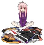  clothes_on_floor dress emilya_saga emiya_shirou fate/stay_night fate_(series) genderswap indian_style long_hair messy_hair necktie no_shoes personality_swap pink_hair red_eyes shirouko simple_background sitting skirt socks solo v_arms 