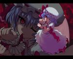  blue_hair hat ishikkoro letterboxed mouth_hold red_eyes remilia_scarlet short_hair solo touhou wings wink wrist_cuffs zoom_layer 