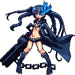  belt bikini_top black_hair black_rock_shooter black_rock_shooter_(character) blue_eyes boots chain flat_chest front-tie_top gloves glowing glowing_eyes hood jacket knee_boots long_hair lowres midriff niino pixel_art scar short_shorts shorts solo star transparent_background twintails uneven_twintails very_long_hair weapon zipper 