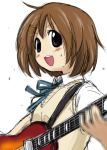  bowtie brown_eyes brown_hair guitar hair_ornament hirasawa_yui instrument k-on! kurase school_uniform short_hair smile solo teeth vest 