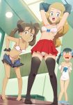  3girls :d absurdres arms_up barefoot blonde_hair blue_eyes blue_ribbon blush bow bow_bra bra breasts brown_hair changing_room covering dark_skin feet gazing_eye green_eyes highres long_hair looking_at_viewer multiple_girls navel nose_blush nude_cover o_o open_mouth panties pink_bow pokemon pokemon_(anime) pokemon_xy_(anime) red_skirt ribbon sana_(pokemon) serena_(pokemon) shirt_lift shocked_eyes shorts skirt small_breasts smile standing sweat sweatdrop thigh-highs topless twintails underwear undressing white_bra white_panties 