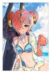  1girl alchemaniac bandage beach berserker_of_black blue_bikini_top blue_eyes breasts choker cleavage clouds cloudy_sky collarbone day double_bun fate/grand_order fate_(series) hair_ornament hair_over_one_eye highres horn looking_at_viewer medium_breasts off_shoulder open_clothes open_shirt outdoors parted_lips pink_hair ribbon ribbon_choker shirt short_hair sketch sky solo white_ribbon white_shirt 