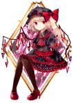  1girl absurdres alternate_costume ascot black_legwear blonde_hair bow commentary_request dress flandre_scarlet frills hat hat_bow highres juliet_sleeves long_sleeves looking_at_viewer mob_cap puffy_sleeves red_bow red_dress red_eyes red_neckwear sakipsakip side_ponytail smile solo touhou wide_sleeves wings 