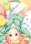  1girl absurdres artist_name bed blonde_hair collarbone from_above from_behind highres indoors long_hair looking_at_viewer lying natsume_eri on_back original pillow red_eyes short_shorts shorts smile solo striped striped_legwear sweater white_shorts 