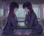  2girls bangs black_hair blue_skirt blunt_bangs bow bowtie cardigan chair chin_rest classroom closed_mouth collared_shirt desk elbows_on_table feet_out_of_frame from_side grey_eyes half-closed_eyes hand_on_own_cheek indoors long_hair long_sleeves looking_at_viewer looking_to_the_side multiple_girls original pleated_skirt red_eyes red_neckwear ryono_mizuki school_desk school_uniform shirt sitting skirt symmetry very_long_hair white_shirt wing_collar 
