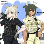  2girls animal_ears aurochs_(kemono_friends) blonde_hair cuffs gun handcuffs hat highres horns kemono_friends load_bearing_vest long_hair multiple_girls police police_hat police_uniform ponytail rhinoceros_ears rifle shinkaisoku short_hair translation_request uniform walkie-talkie watch weapon white_rhinoceros_(kemono_friends) 