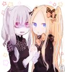  2girls :o abigail_williams_(fate/grand_order) absurdres alternate_hairstyle bags_under_eyes bangs black_bow black_dress blonde_hair blue_eyes blush bow brown_bow dress eyebrows_visible_through_hair fate/grand_order fate_(series) hair_between_eyes hair_bow hand_holding highres interlocked_fingers lavinia_whateley_(fate/grand_order) long_sleeves looking_at_viewer looking_to_the_side multiple_girls orange_bow parted_bangs parted_lips pink_eyes polka_dot polka_dot_bow shaded_face signature silver_hair sofra star starry_background two_side_up white_background 
