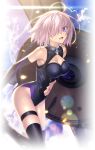  1girl armor armored_boots black_legwear boots breasts cleavage clouds cloudy_sky fate/grand_order fate_(series) hair_over_one_eye highres lens_flare looking_at_viewer mash_kyrielight navel official_art open_mouth pink_hair shield short_hair sky smile solo takeuchi_takashi thigh-highs violet_eyes 