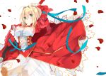  1girl blonde_hair blush breasts cleavage dress fate/grand_order fate_(series) green_eyes highres large_breasts looking_at_viewer n.g. nero_claudius_(fate) nero_claudius_(fate)_(all) petals red_dress satsuki_mayuri see-through simple_background smile solo 