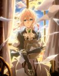  1girl absurdres blonde_hair blue_eyes blue_jacket braid dress hair_ribbon highres jacket jewelry looking_at_viewer mechanical_hand necklace ribbon skirt solo violet_evergarden violet_evergarden_(character) white_skirt 