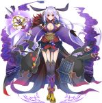  1girl :&gt; absurdly_long_hair breasts cleavage collarbone detached_sleeves eyebrows_visible_through_hair familiar full_body hair_ornament holding holding_staff holding_sword holding_weapon kanna_(chaos966) large_breasts long_hair looking_at_viewer official_art oshiro_project oshiro_project_re rabbit red_eyes shinguu_(oshiro_project) solo staff sword thigh-highs transparent_background very_long_hair weapon white_hair 
