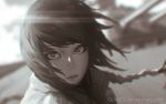  1girl bangs battleship blurry blurry_background braid cannon closed_mouth depth_of_field deviantart_username face floating_hair guweiz highres long_hair looking_at_viewer military military_vehicle monochrome ship solo warship watercraft world_of_warships 