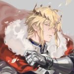  1boy agentj armor artist_name artoria_pendragon_(all) artoria_pendragon_(lancer) cape fate/grand_order fate_(series) fur_trim gauntlets genderswap genderswap_(ftm) green_eyes grey_background looking_at_viewer male_focus parted_lips red_cape revision sidelocks signature simple_background upper_body watermark 