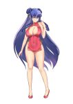  1girl absurdres aster_crowley bangs bare_legs bell blue_hair breasts center_opening china_dress chinese_clothes cleavage closed_mouth commentary covered_navel double_bun dress full_body hair_ornament hand_up highres jingle_bell large_breasts long_hair ranma_1/2 shampoo_(ranma_1/2) sidelocks smile solo standing very_long_hair violet_eyes 