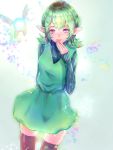  1girl blue_eyes fairy green_hair green_skirt highres looking_at_viewer pointy_ears red_hod ribbed_sweater saria short_hair skirt smile solo standing sweater the_legend_of_zelda the_legend_of_zelda:_ocarina_of_time thigh-highs 