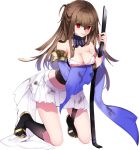  1girl bare_shoulders bow_(weapon) breasts broken broken_weapon brown_hair cleavage empty_eyes full_body holding holding_bow_(weapon) holding_weapon large_breasts long_hair nagato_shizuki_(oshiro_project) official_art oshiro_project oshiro_project_re pleated_skirt red_eyes skirt tearing_up torn_clothes transparent_background weapon white_skirt 