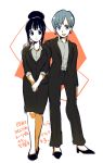  2girls :d black_eyes black_hair blue_eyes blue_hair bulma chi-chi_(dragon_ball) dragon_ball dragonball_z earrings eyebrows_visible_through_hair formal grey_shirt hand_on_another&#039;s_shoulder high_heels jewelry looking_at_viewer multiple_girls neko_ni_chikyuu open_mouth pink_background shirt short_hair simple_background skirt smile suit tied_hair translation_request white_background 
